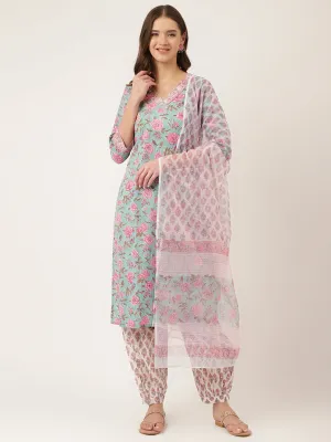 Jashvi Blue Hand Block Floral Print Cotton Kurta, Salwar With Dupatta