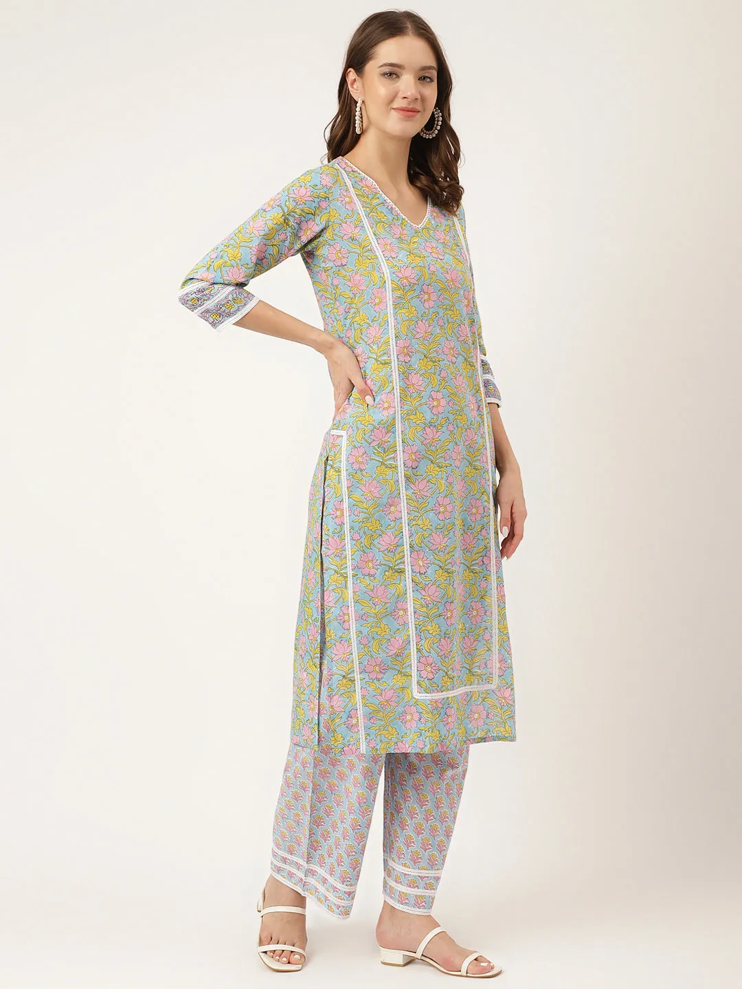 Jashvi Blue Hand-Block Floral Print Cotton  Kurta, Trouser & Dupatta