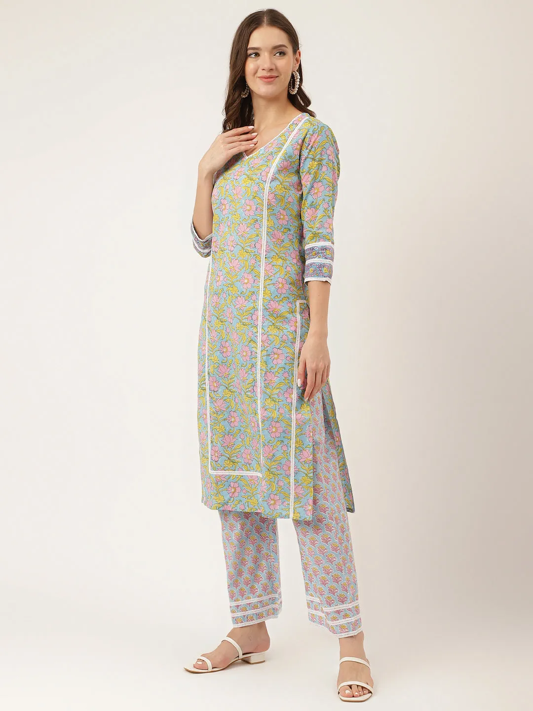 Jashvi Blue Hand-Block Floral Print Cotton  Kurta, Trouser & Dupatta