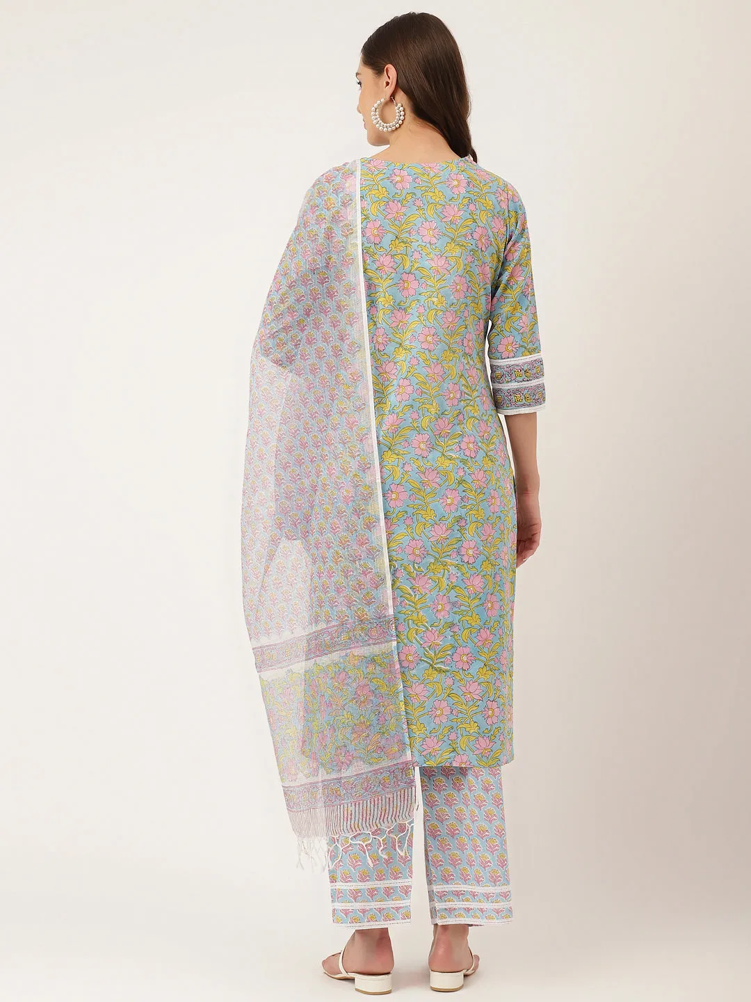 Jashvi Blue Hand-Block Floral Print Cotton  Kurta, Trouser & Dupatta