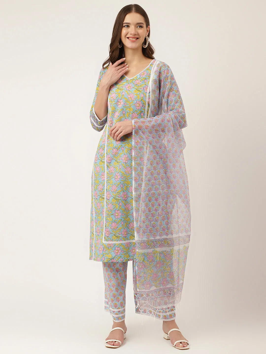 Jashvi Blue Hand-Block Floral Print Cotton  Kurta, Trouser & Dupatta