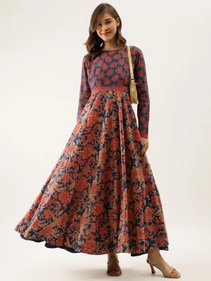 Jashvi Blue Maroon Floral Printed Cotton Ethnic Long Kurta for Women