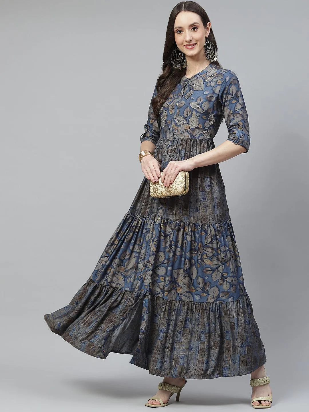 Jashvi Blue Muslin Tiered with Gathered Kurta with Front Slits