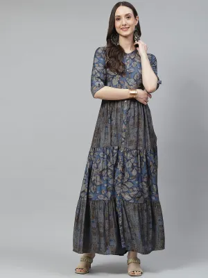 Jashvi Blue Muslin Tiered with Gathered Kurta with Front Slits