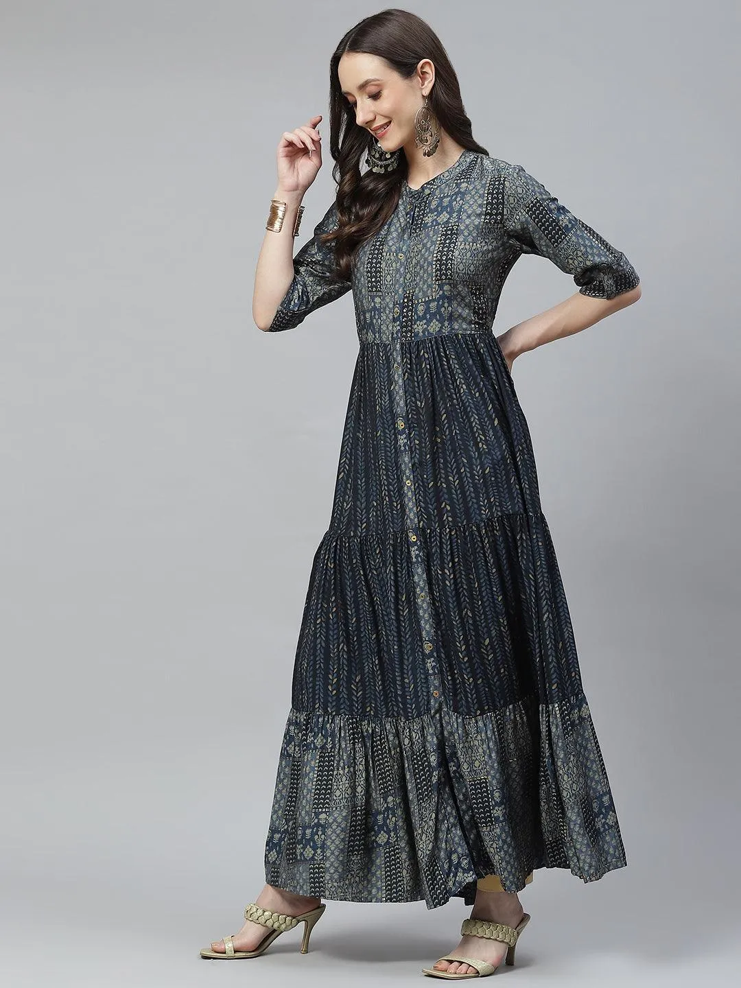 Jashvi Blue Muslin Tiered with Gathered Kurta