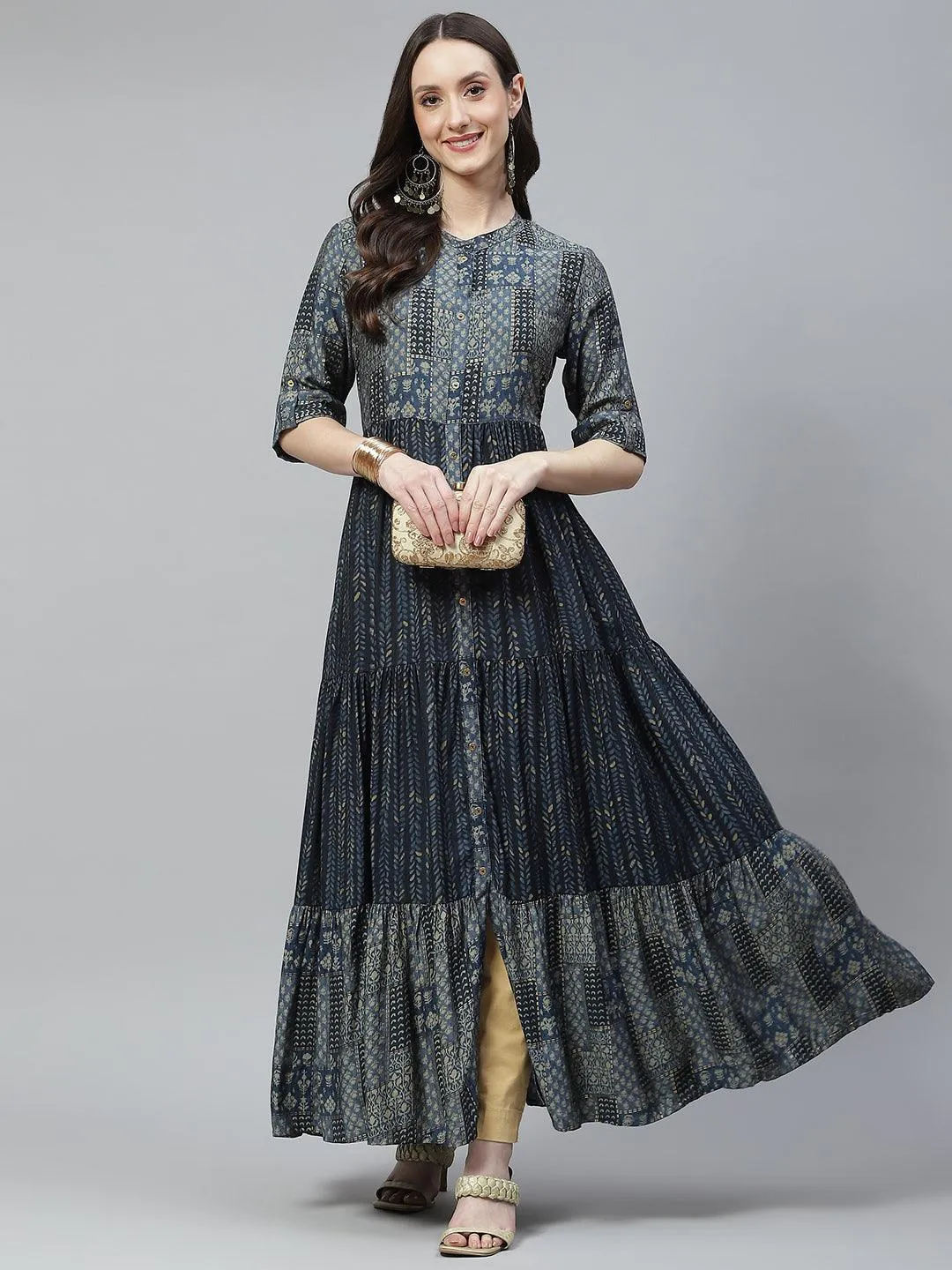 Jashvi Blue Muslin Tiered with Gathered Kurta