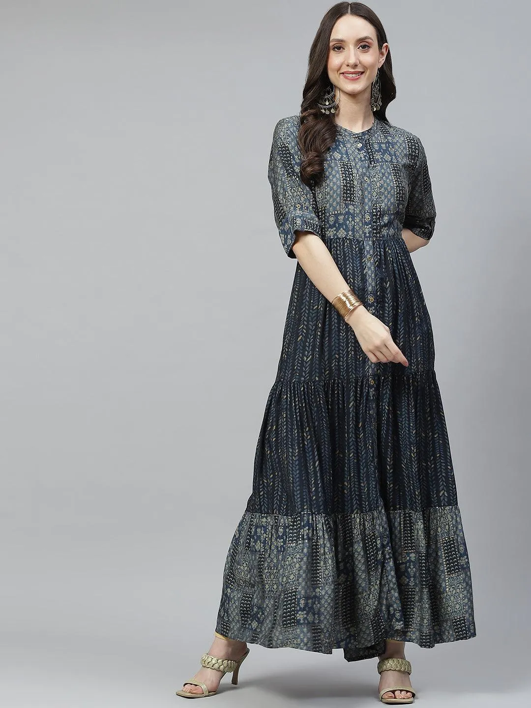 Jashvi Blue Muslin Tiered with Gathered Kurta