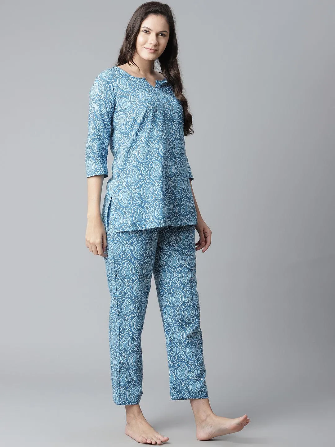 Jashvi  Blue Printed Cotton Nightwear