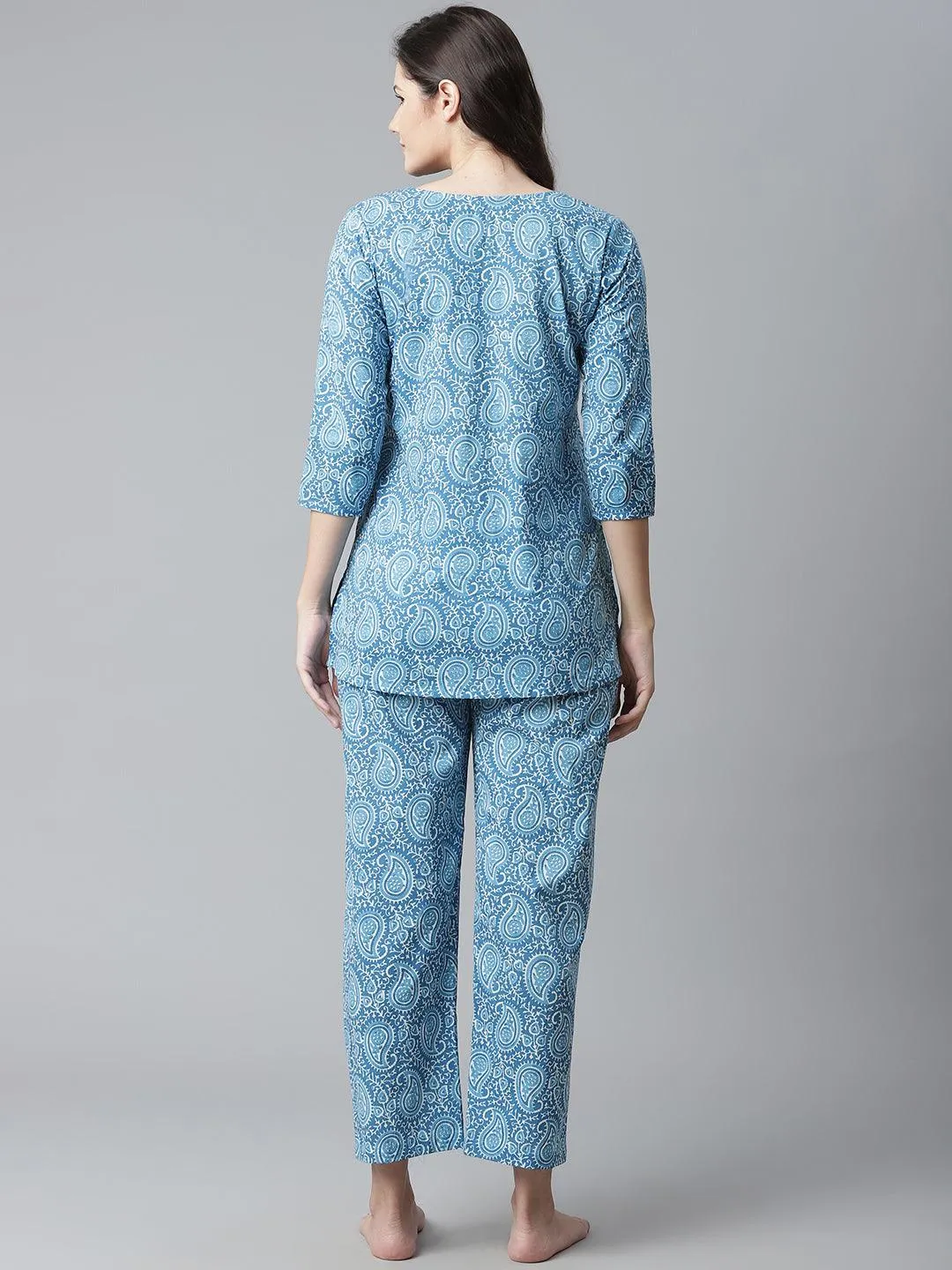 Jashvi  Blue Printed Cotton Nightwear