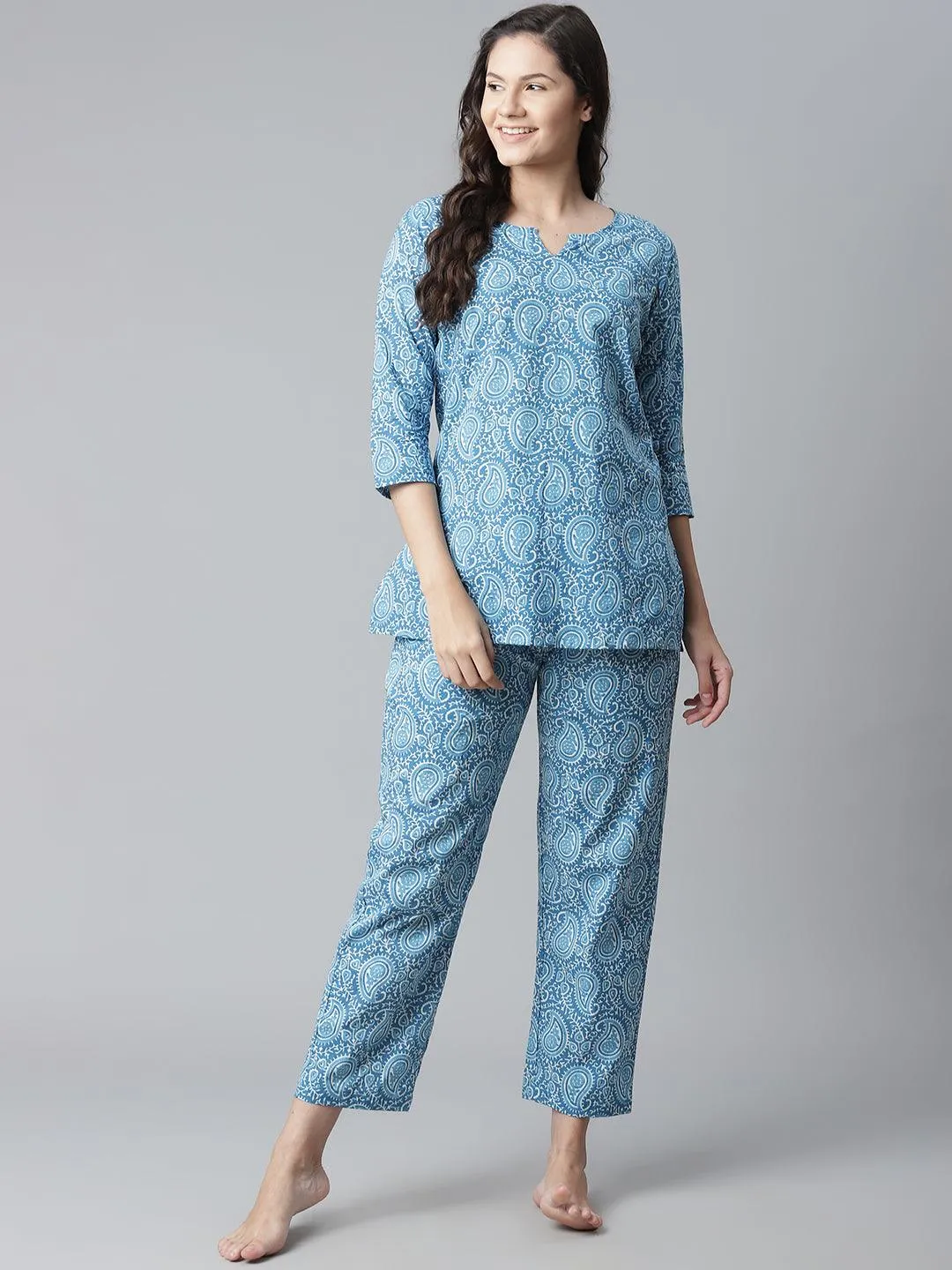 Jashvi  Blue Printed Cotton Nightwear