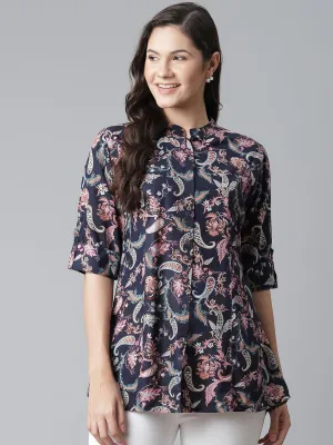 Jashvi Blue Printed Rayon Shirt Style A-Line Top