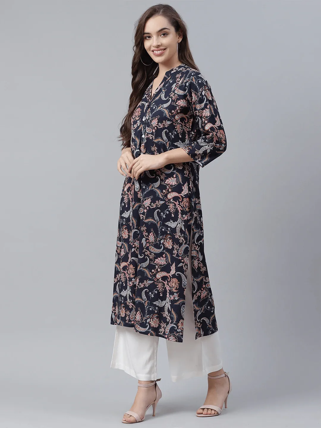 Jashvi Blue Printed Rayon Straight Kurti