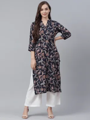 Jashvi Blue Printed Rayon Straight Kurti