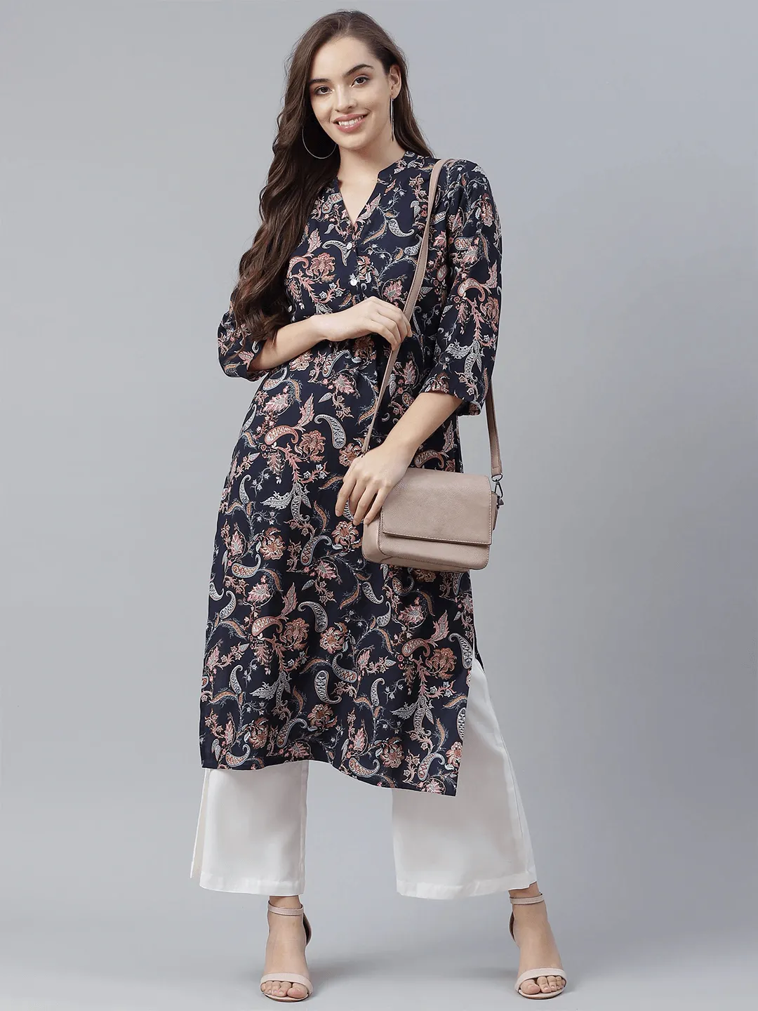 Jashvi Blue Printed Rayon Straight Kurti