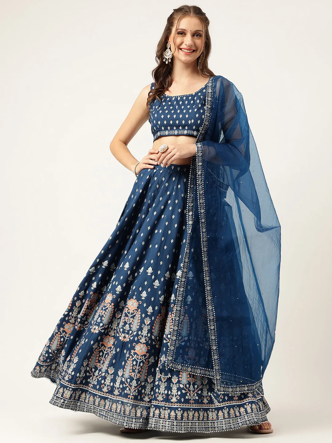 Jashvi Blue Rayon Flared Lehenga Choli Set with Organza Dupatta