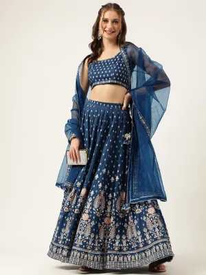 Jashvi Blue Rayon Flared Lehenga Choli Set with Organza Dupatta