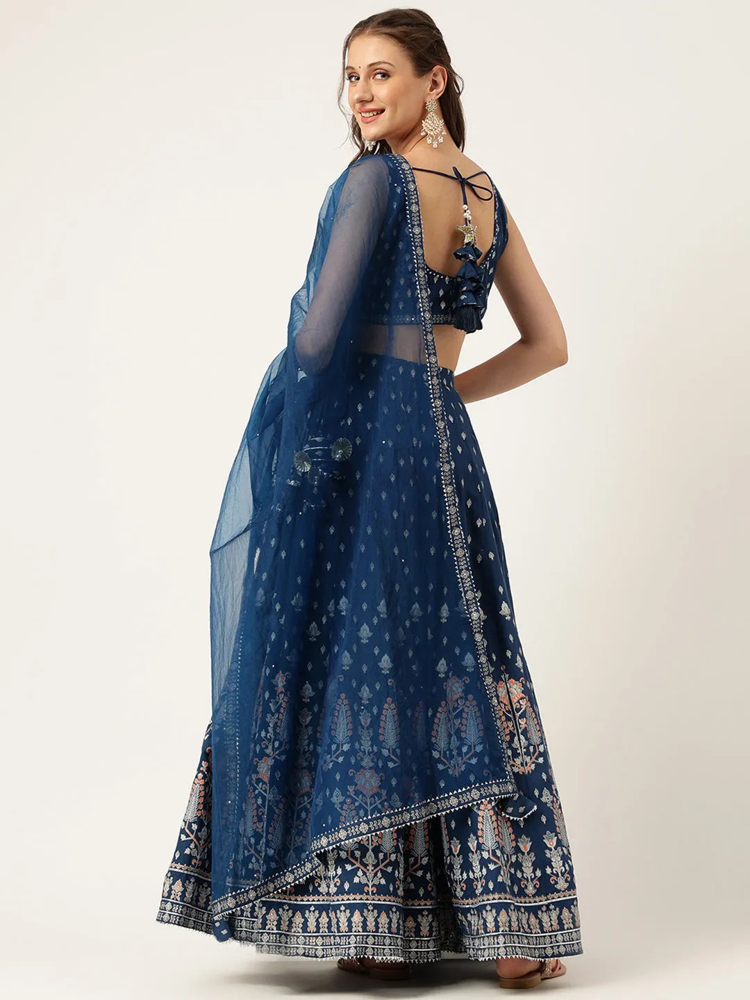 Jashvi Blue Rayon Flared Lehenga Choli Set with Organza Dupatta