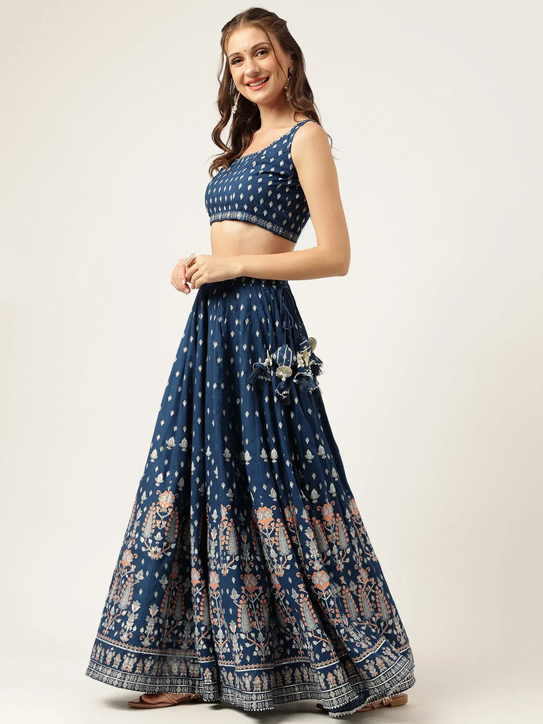 Jashvi Blue Rayon Flared Lehenga Choli Set with Organza Dupatta