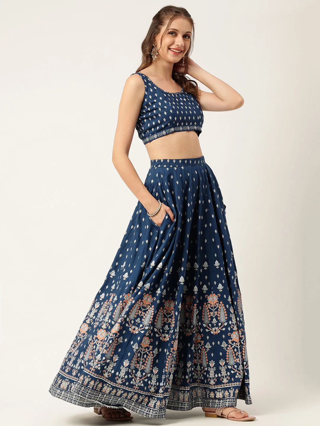 Jashvi Blue Rayon Flared Lehenga Choli Set with Organza Dupatta