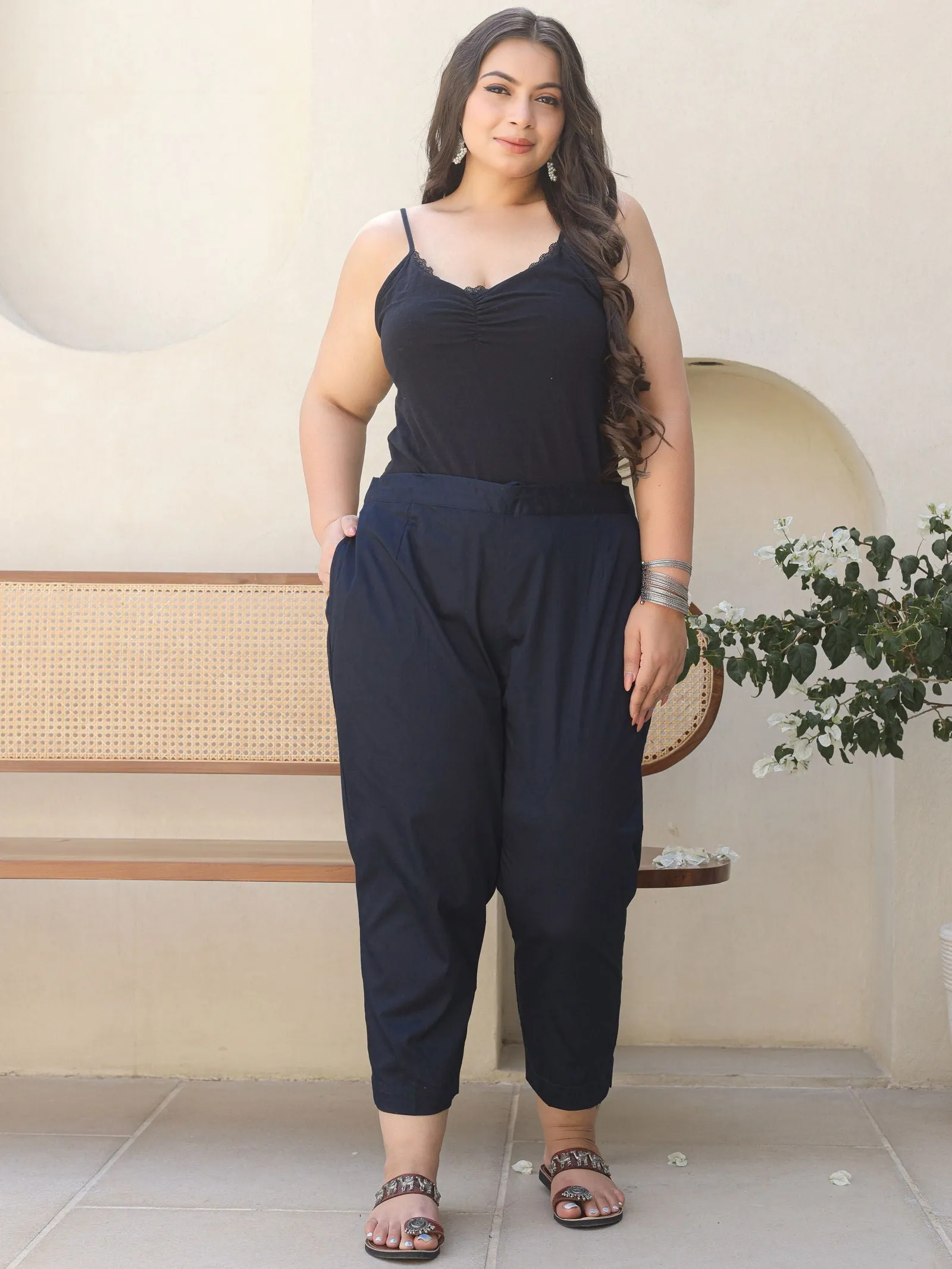 Jashvi Blue Solid Lycra Women Drawstring Plus Size Pants With Single Side Pocket