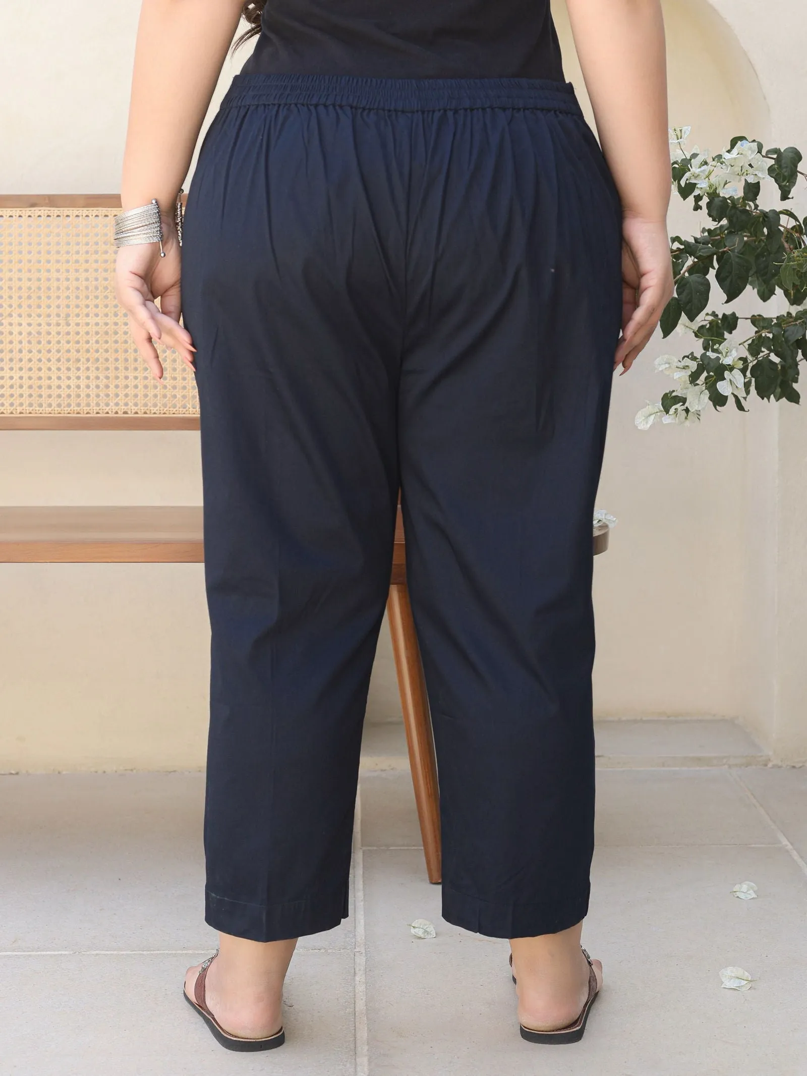 Jashvi Blue Solid Lycra Women Drawstring Plus Size Pants With Single Side Pocket