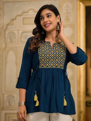 Jashvi Blue Thread Embroidered Rayon Tunic With Mirror Work & Tassels