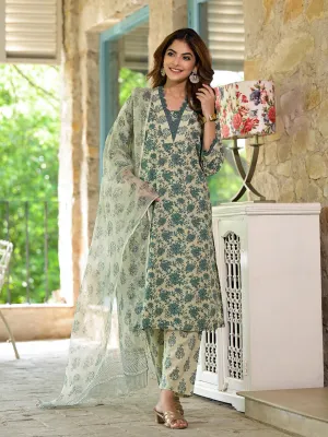 Jashvi Bottle Green Floral Print Cotton Kurta Set for Women