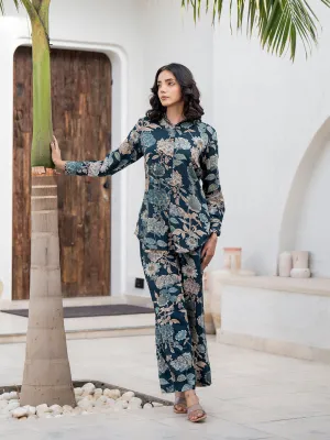 Jashvi Bottle green Floral Printed Rayon Co-ord Set for Women