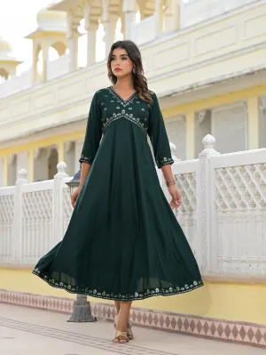 Jashvi Bottle Green Mirror Embroidered Rayon Dress With Sequins