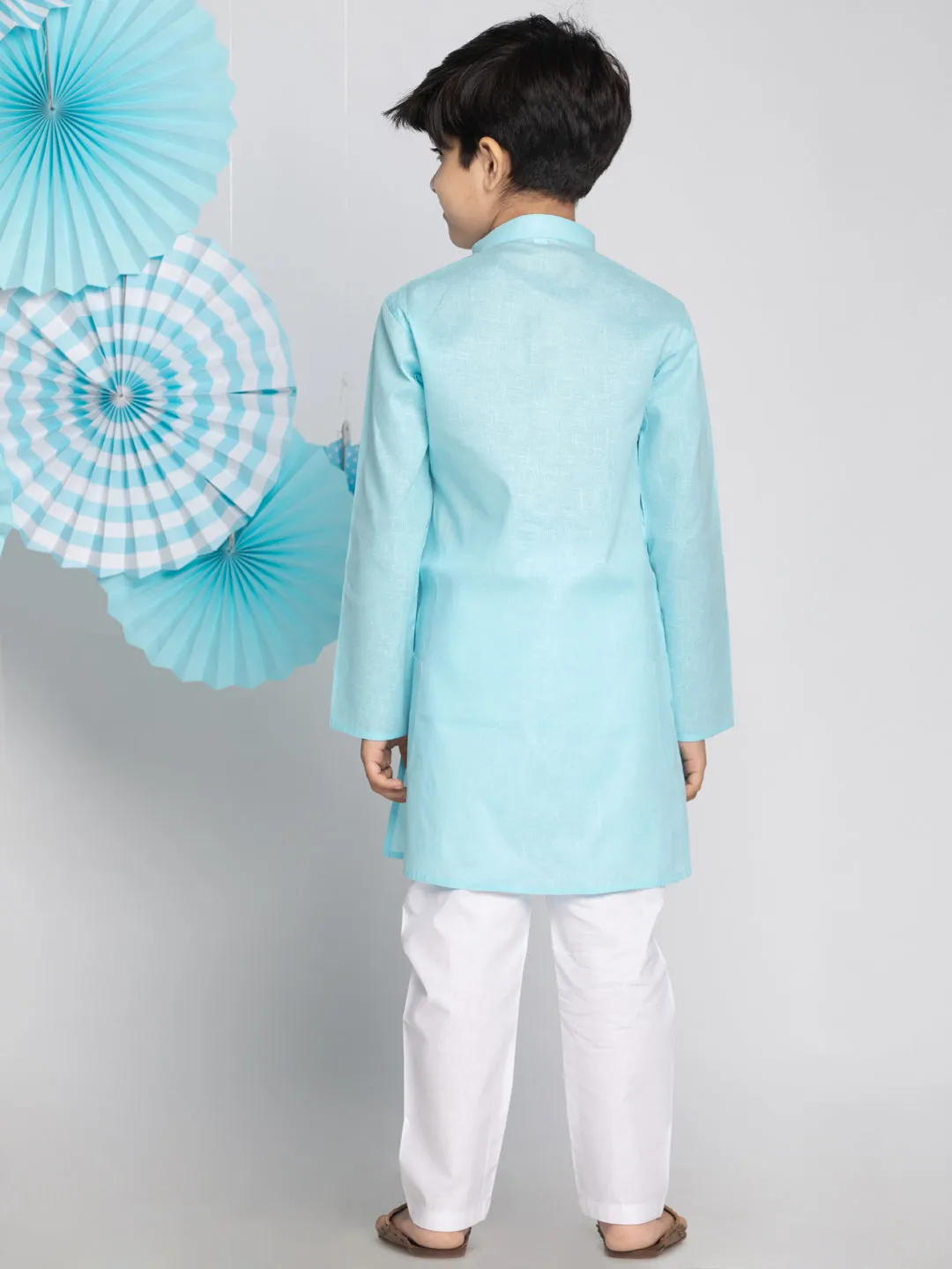 Jashvi Boys' Aqua And White Kurta Pyjama Set