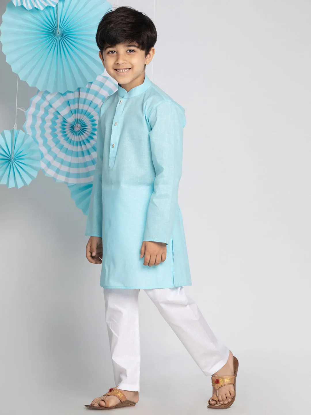 Jashvi Boys' Aqua And White Kurta Pyjama Set