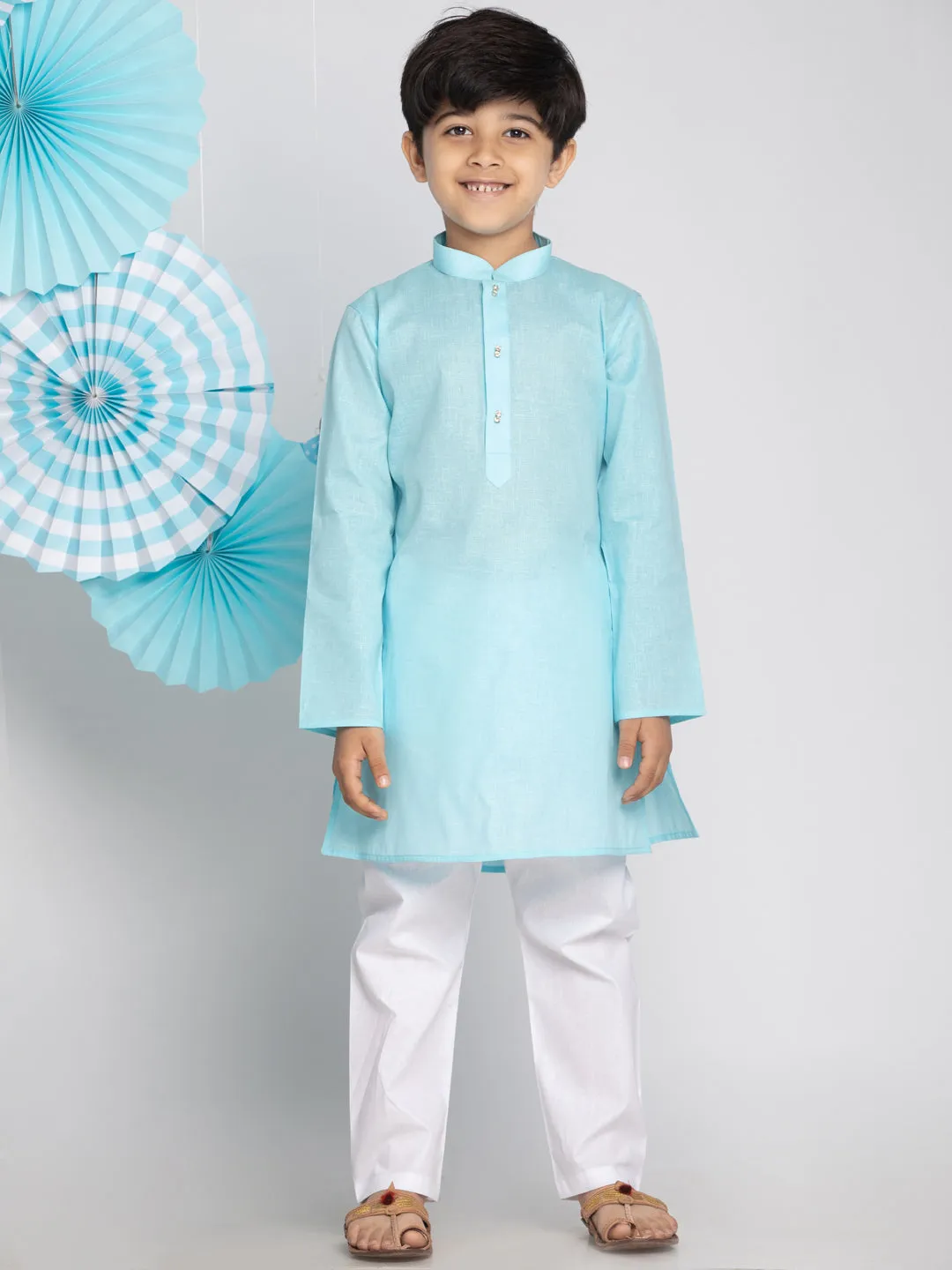 Jashvi Boys' Aqua And White Kurta Pyjama Set