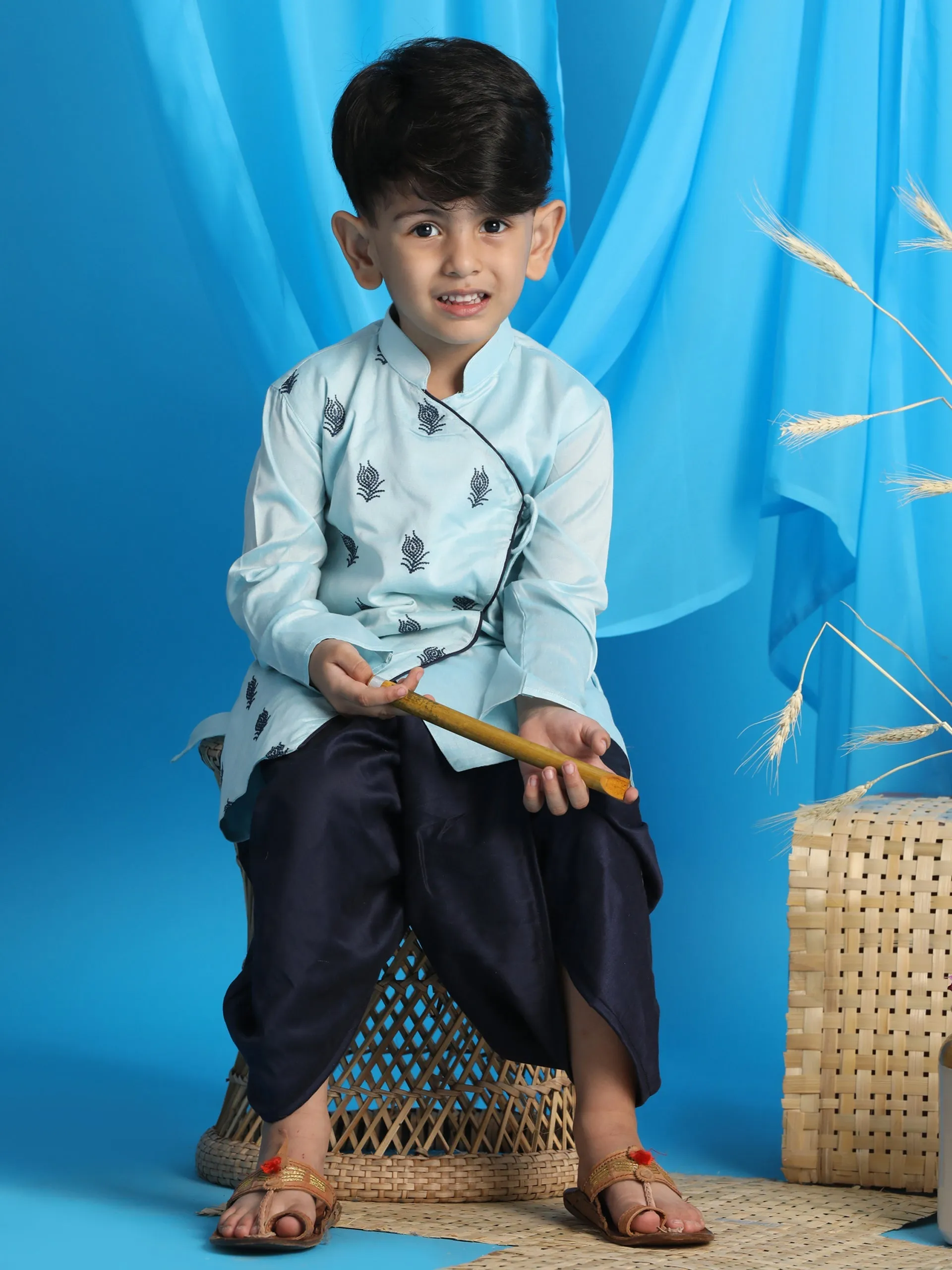 Jashvi Boys' Aqua Blue Embroidered Krishna Kurta And Dhoti Set