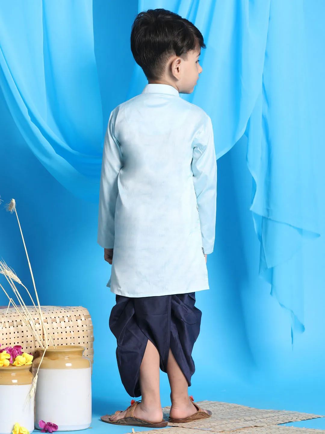 Jashvi Boys' Aqua Blue Embroidered Krishna Kurta And Dhoti Set