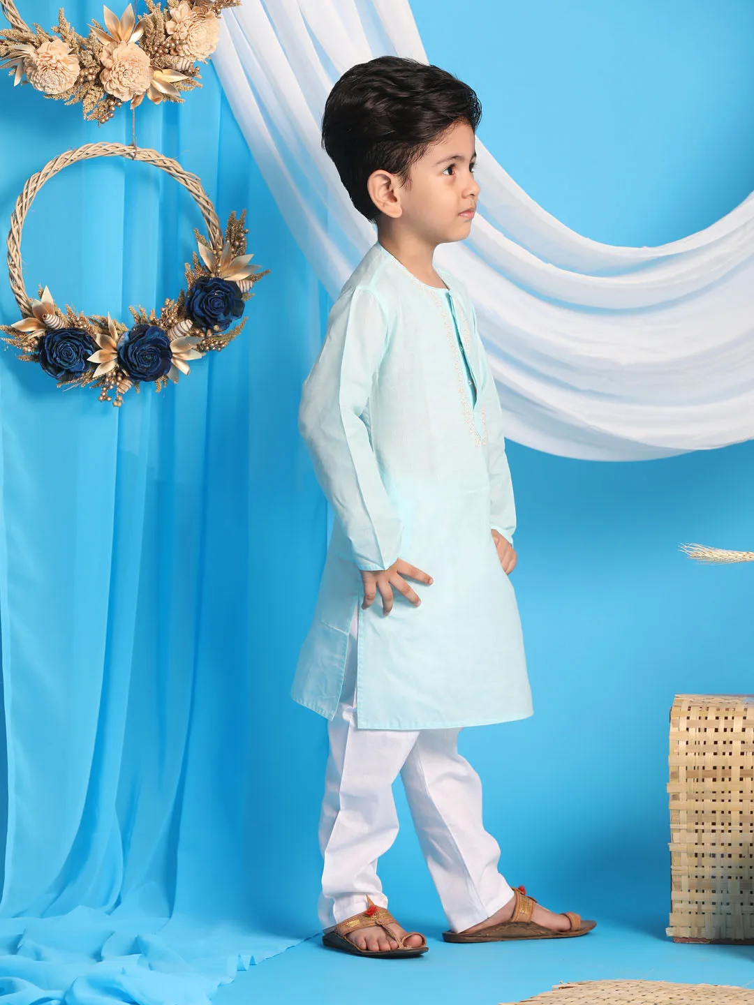 Jashvi Boys' Aqua Blue Kurta And White Pyjama Set