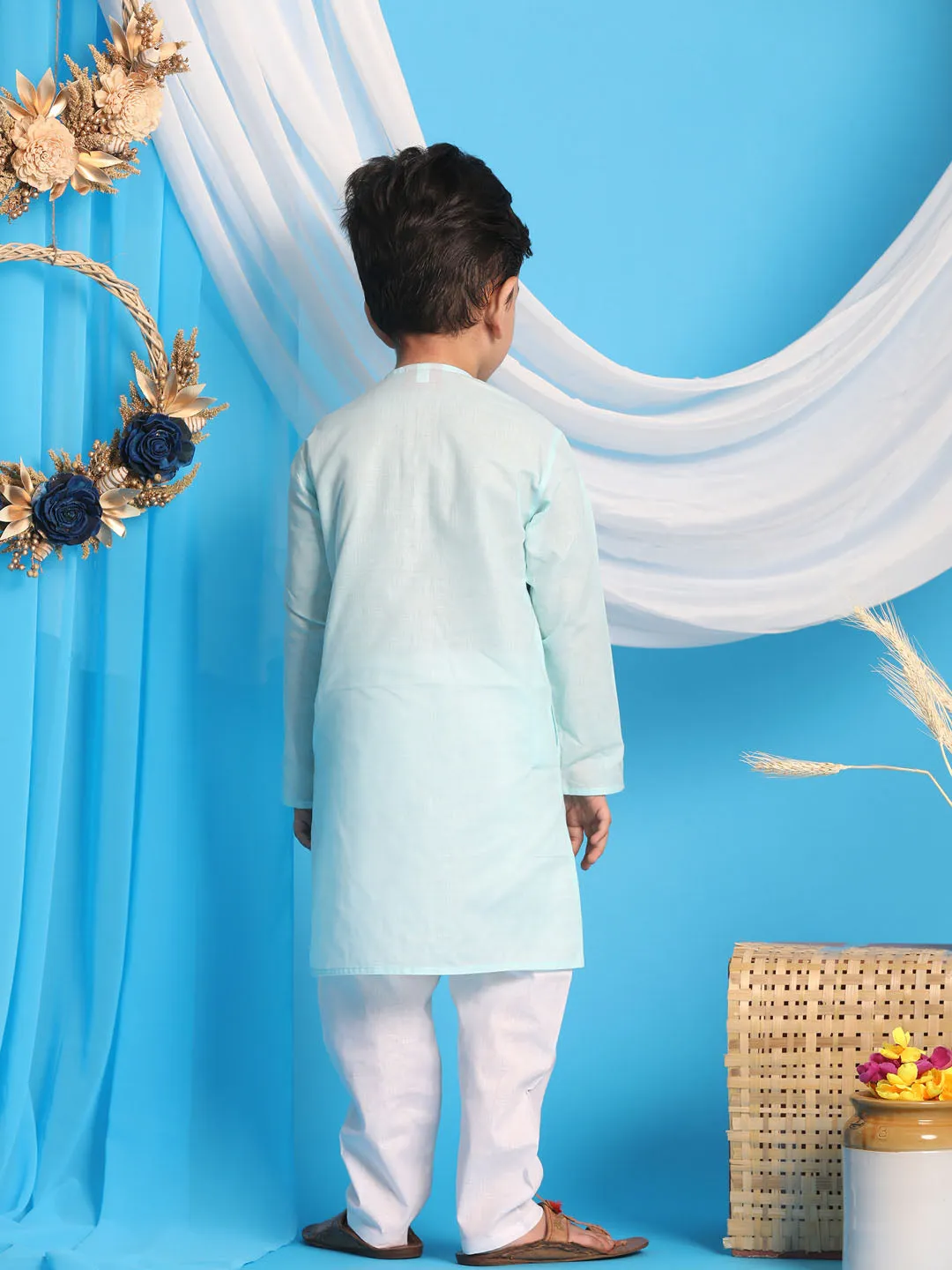 Jashvi Boys' Aqua Blue Kurta And White Pyjama Set