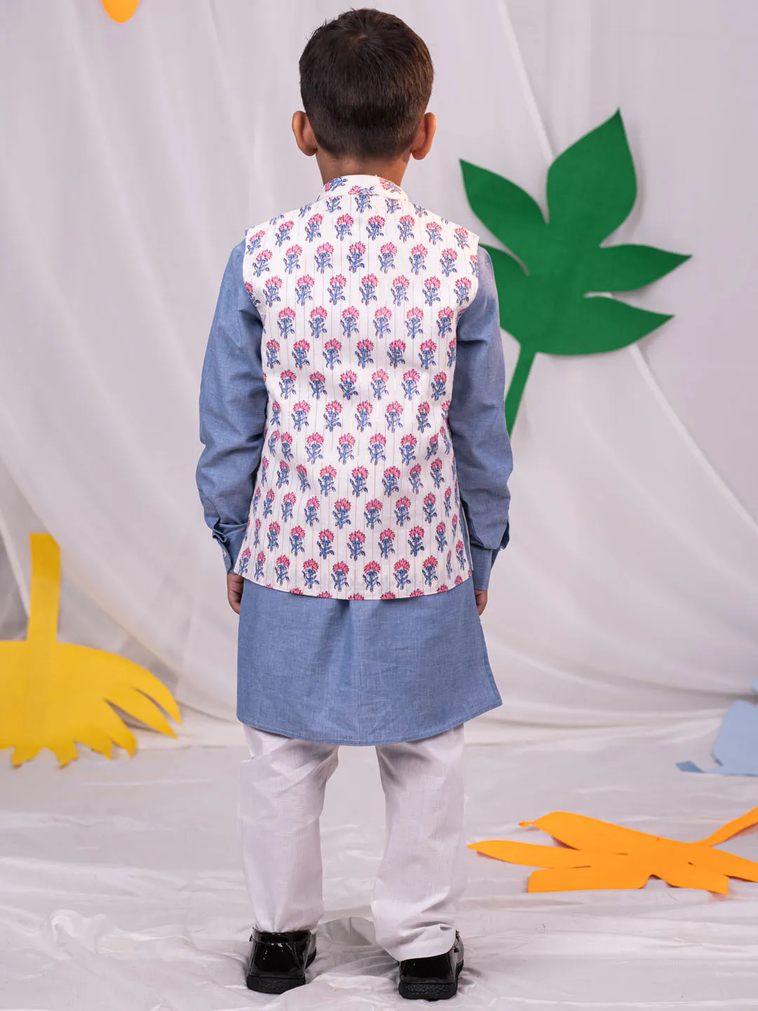 Jashvi Boy's Beige Printed Jacket With Grey Kurta Pyjama Set