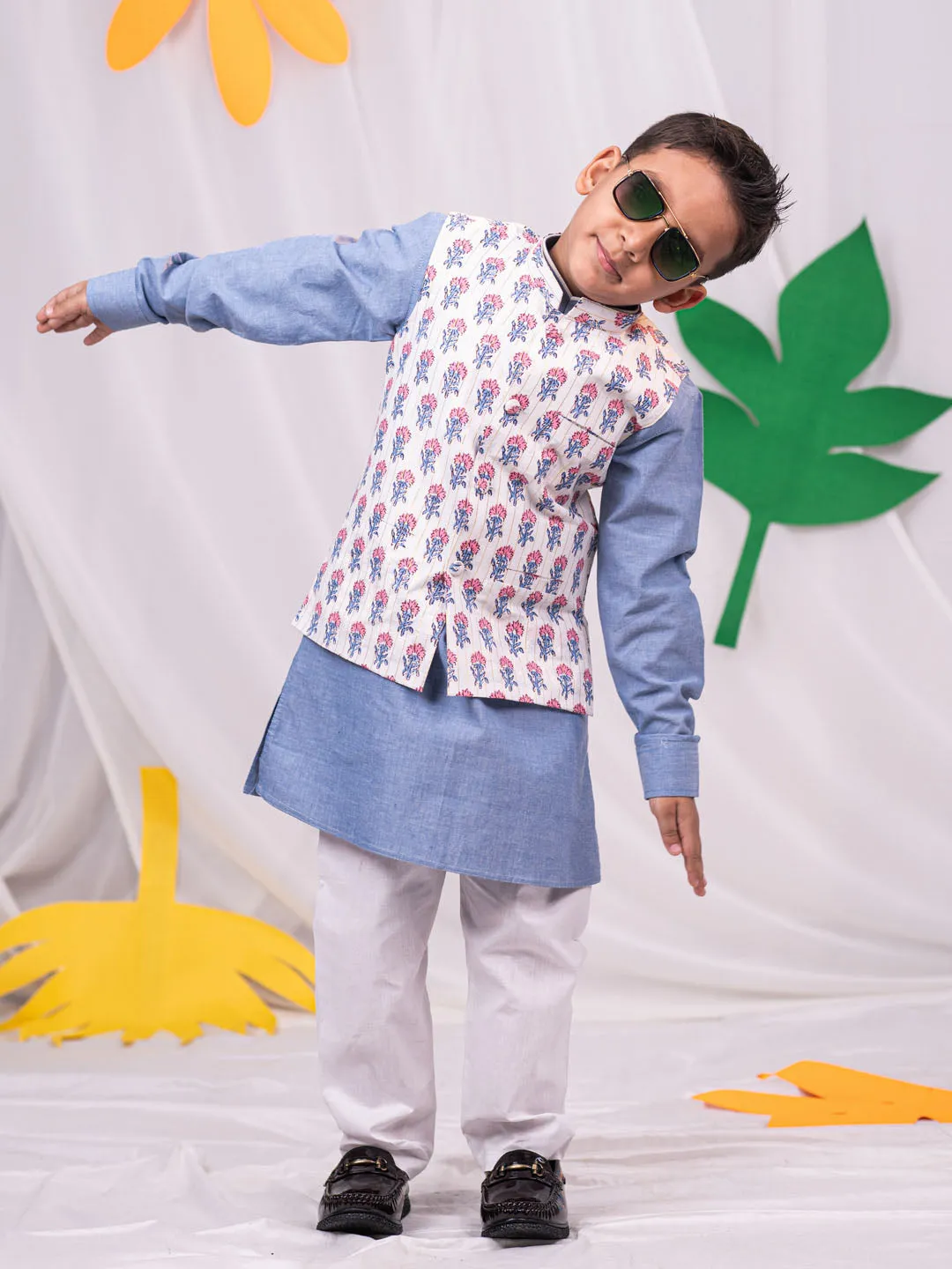 Jashvi Boy's Beige Printed Jacket With Grey Kurta Pyjama Set