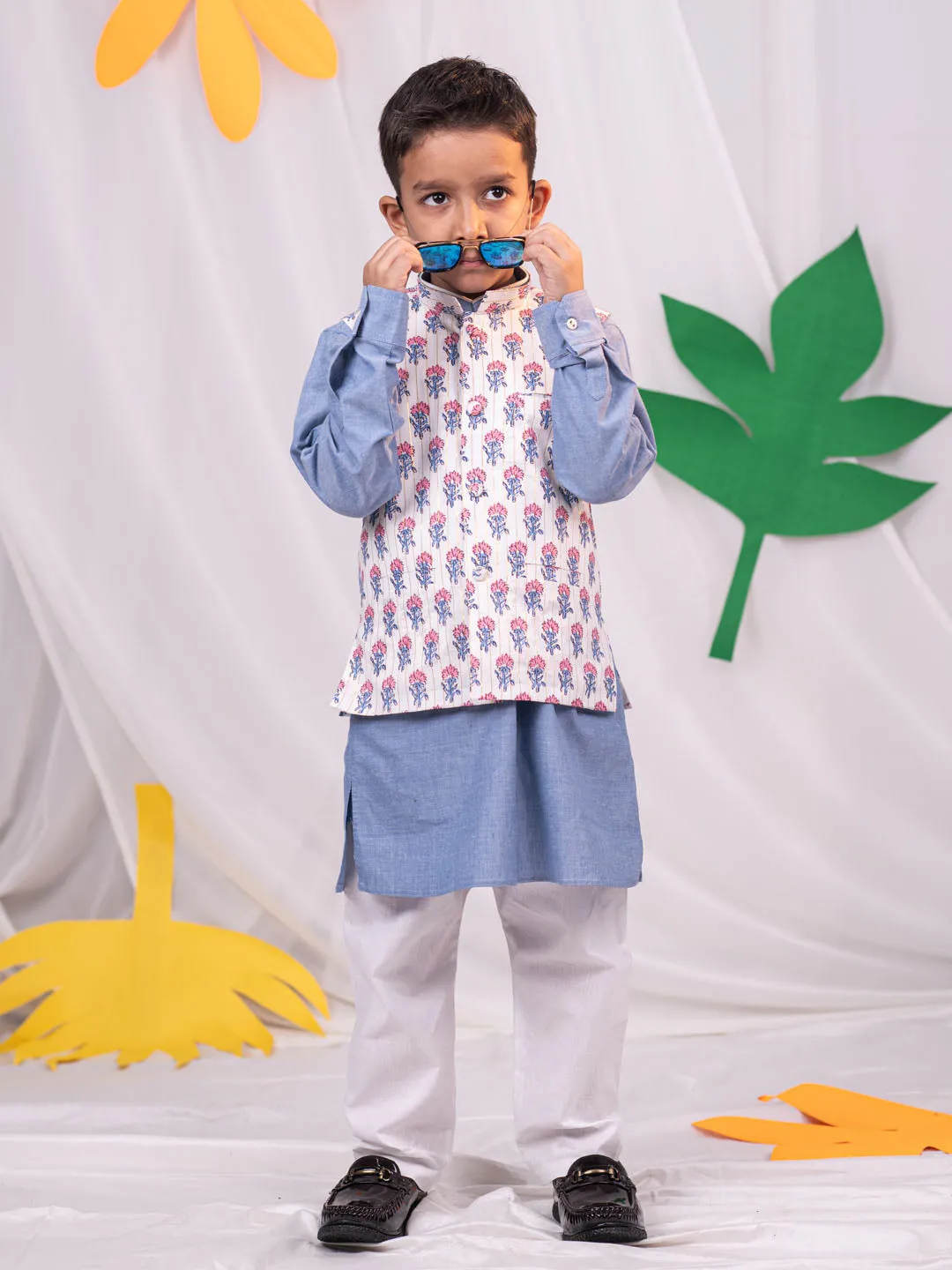 Jashvi Boy's Beige Printed Jacket With Grey Kurta Pyjama Set