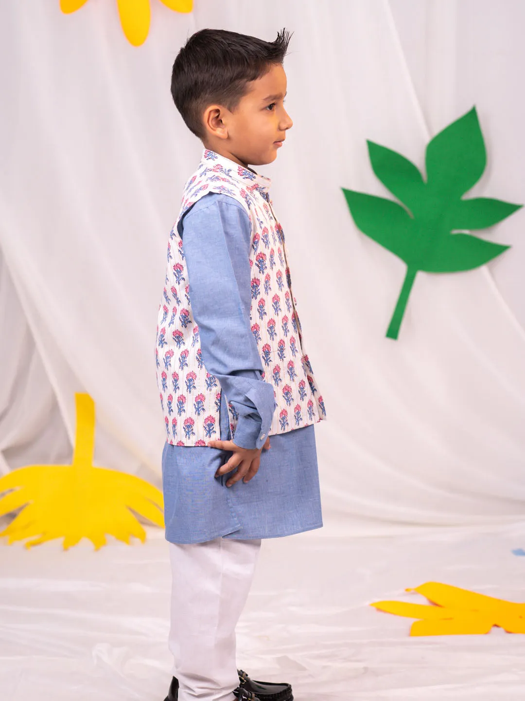 Jashvi Boy's Beige Printed Jacket With Grey Kurta Pyjama Set