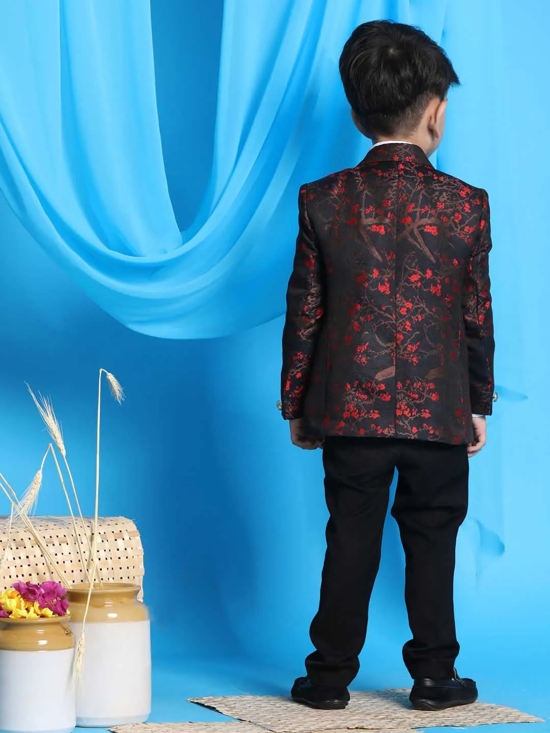 Jashvi Boy's Black And Red Woven Design Blazer