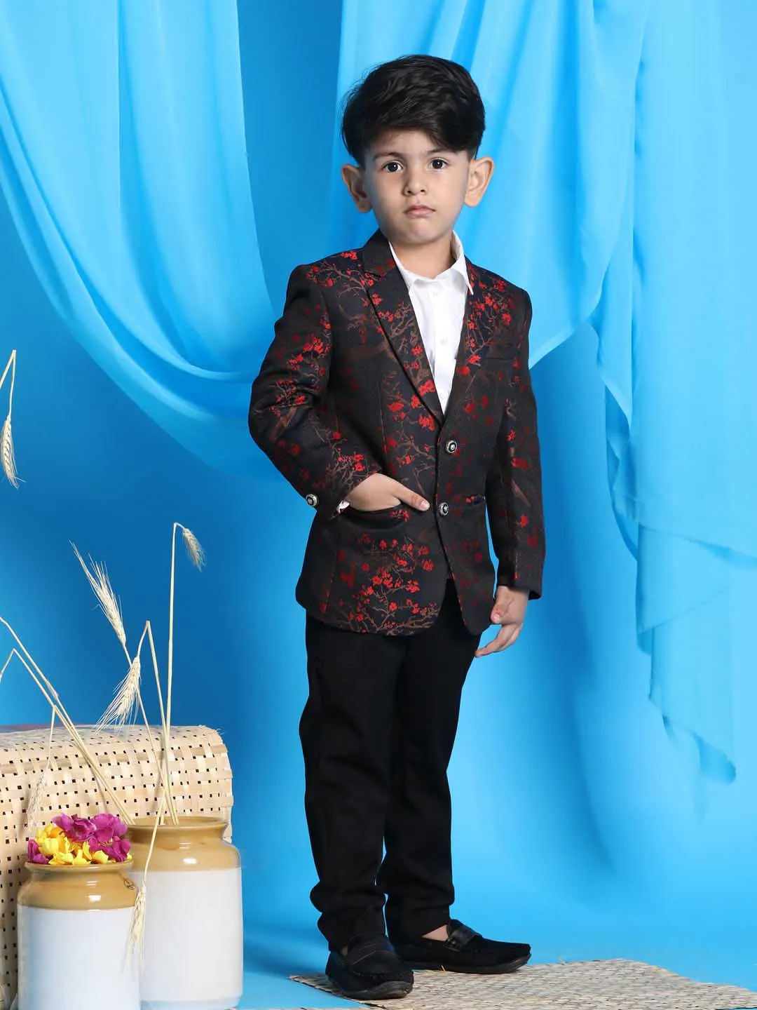 Jashvi Boy's Black And Red Woven Design Blazer