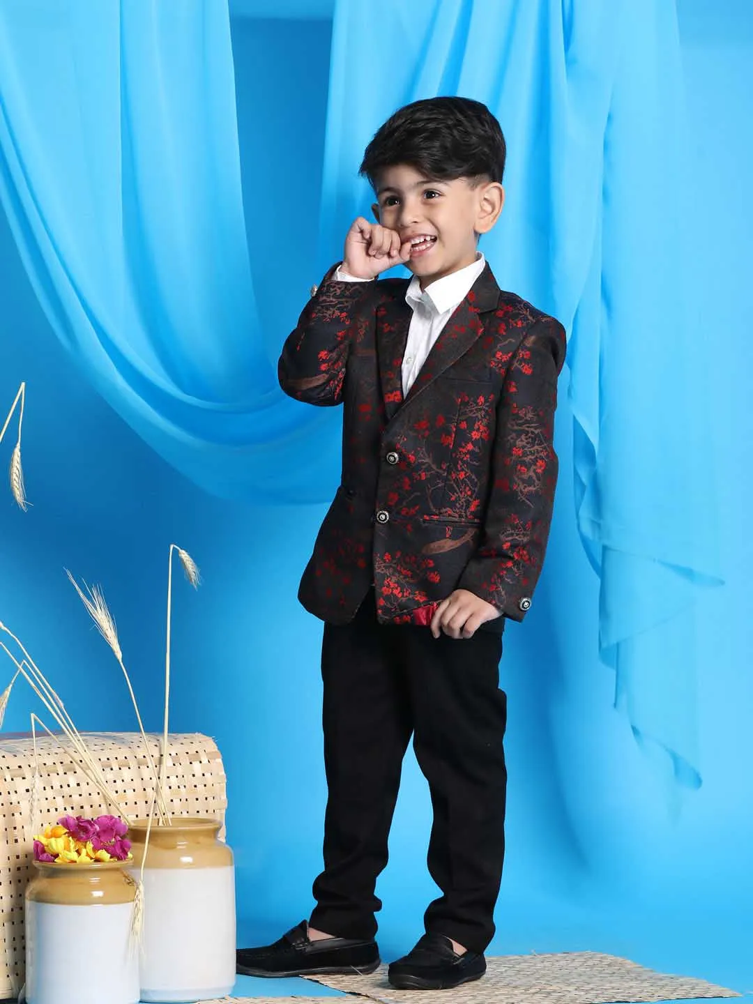 Jashvi Boy's Black And Red Woven Design Blazer