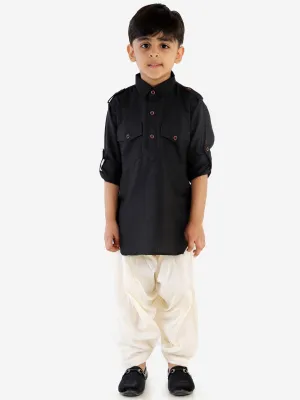 Jashvi Boy's Black Cotton Blend Pathani Suit Set