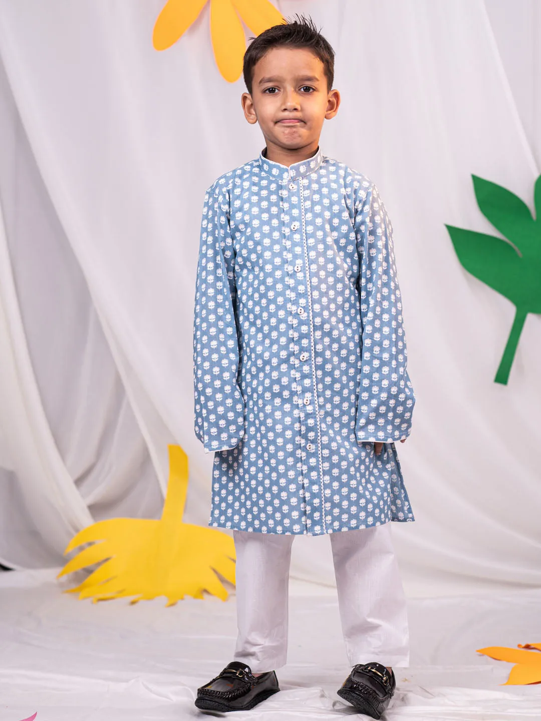 Jashvi Boys' Blue And White Kurta Pyjama Set