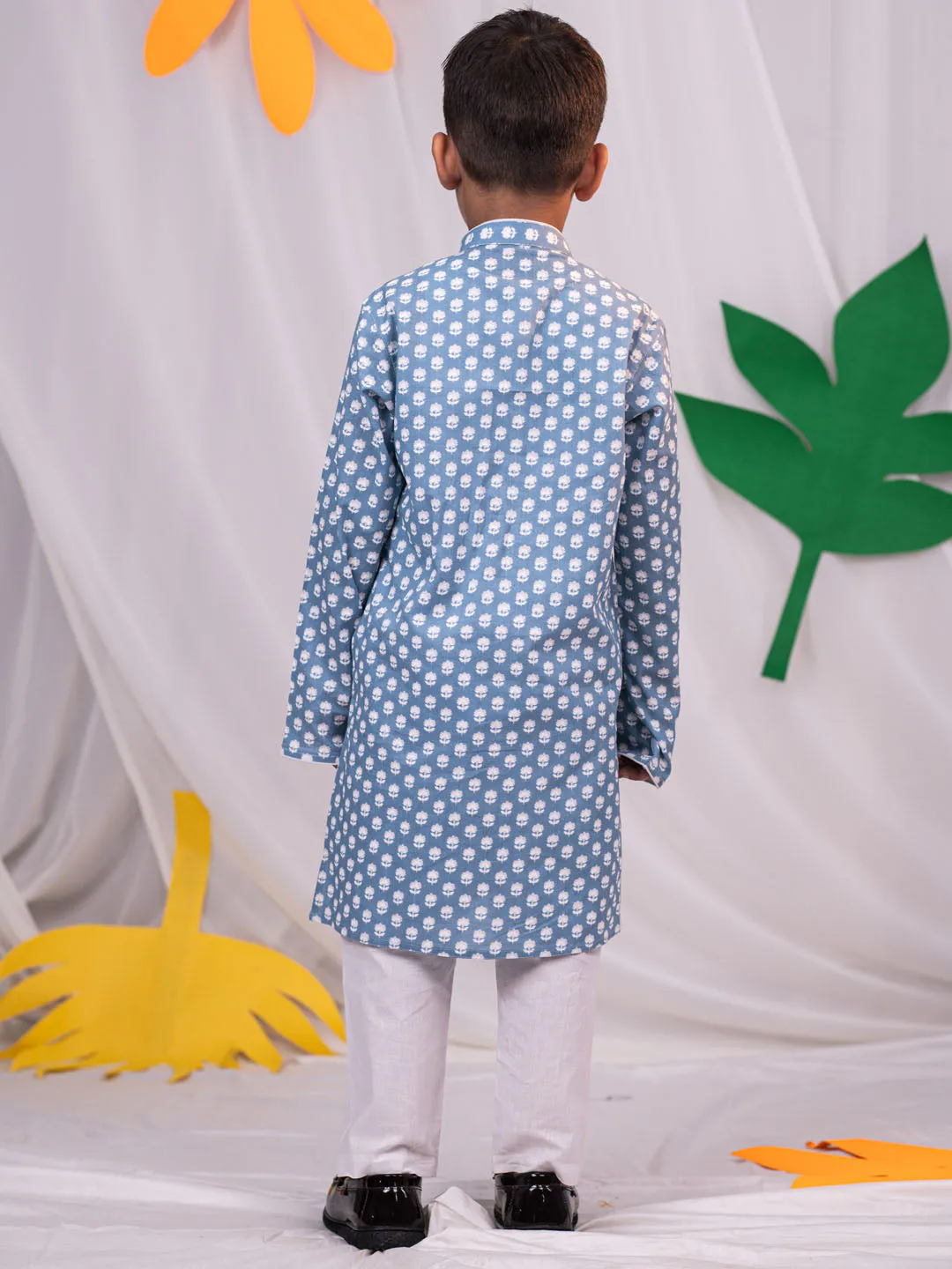 Jashvi Boys' Blue And White Kurta Pyjama Set