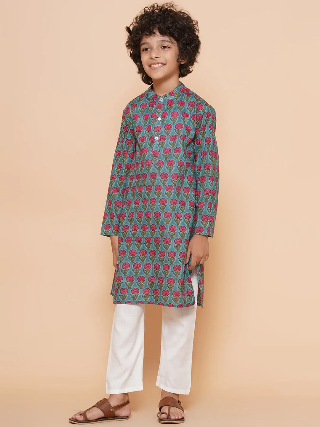 Jashvi Boys Blue Cotton Printed Kurta with Pyjamas