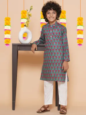 Jashvi Boys Blue Cotton Printed Kurta with Pyjamas