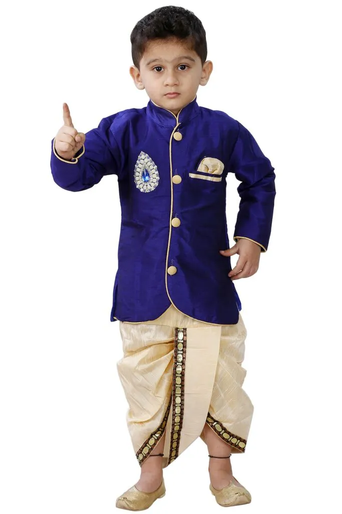 Jashvi Boys' Blue Cotton Silk Sherwani and Gold Dhoti Pants & Breedges Pants