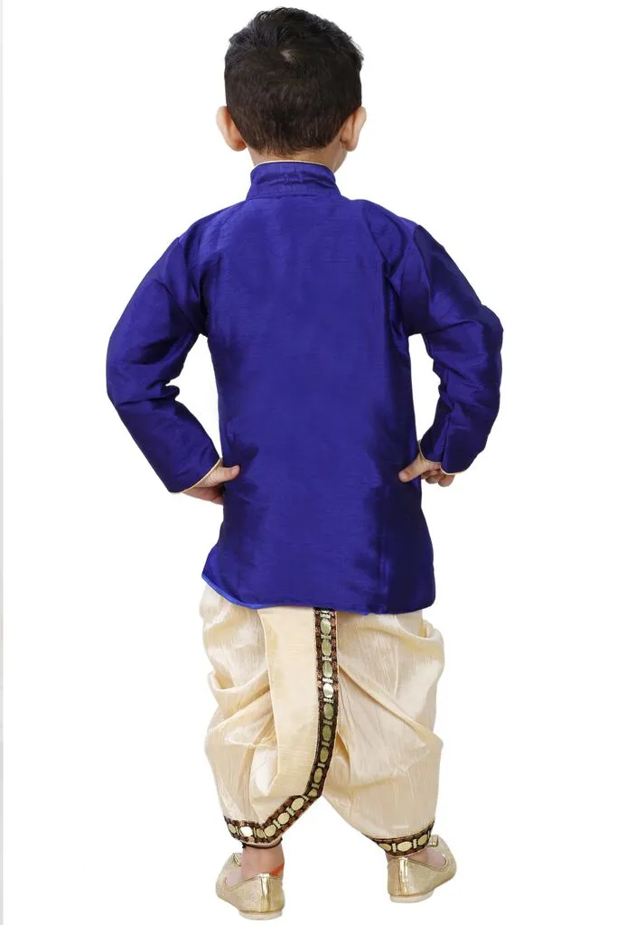 Jashvi Boys' Blue Cotton Silk Sherwani and Gold Dhoti Pants & Breedges Pants